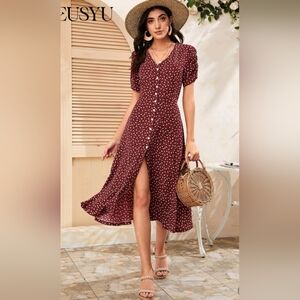 Burgundy Floral Slit Dress